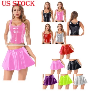 Canotta donna crop top/mini gonne lucida cami bustier blusa t shirt clubwear - Foto 1 di 101