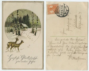 51548 - Rehe vor Hütte in Winterlandschaft - AK, gelaufen Heidelberg 31.12.1916 - Bild 1 von 1