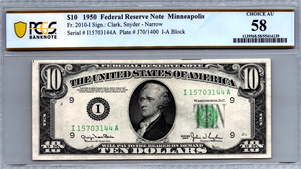 1950 $10 "NARROW" Federal Reserve Note Minneapolis  PCGS 58 Fr. 2010-I Rare! - Image 1 of 3