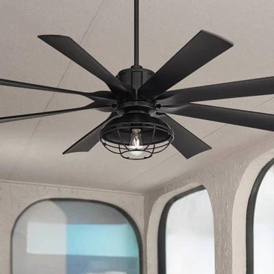 60" Possini Defender Matte Black Damp LED Ceiling Fan with Remote - Image 1 of 4