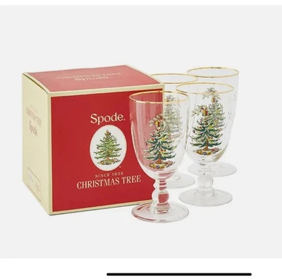 CLASSIC SPODE CHRISTMAS TREE SET X 4 PEDESTAL GOBLETS NEW UNUSED GIFT BOXED 160z - Image 1 of 4
