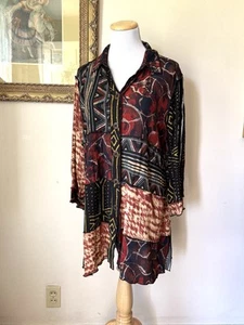 John Mark Tunic Top Large Patchwork Button Black Red Art To Wear Abstract Print - Picture 1 of 8