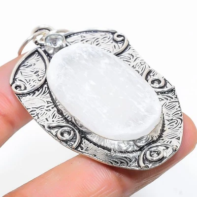 Selenite, Topazio Bianco Gemma Argento Sterling 925 Ciondolo Gioielli 7cm - Immagine 1 di 4