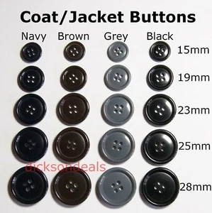 6 Coat Jacket Buttons Black Navy Grey Brown 4 Holes 15mm 19mm 23mm 25mm or 28mm - Picture 1 of 6