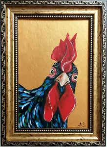 Rooster Painting Original Black Chicken Wall Art Bird Gold Artwork Frame Art - Picture 1 of 11