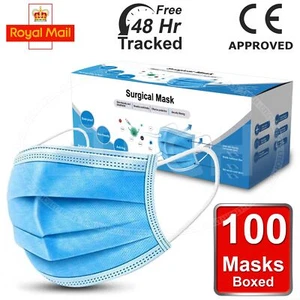 100 X Maschera Non Chirurgica Monouso 3 Strati Maschera Viso Traspirante Orecchio Anello BFE 95% UK - Foto 1 di 6