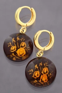 Carved Cameo Rose Genuine BALTIC AMBER Gold Plated Silver Earrings 3.9g 50206-12 - Picture 1 of 6