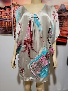VOOM BY JOY HAN 100% SILK Abstract Mini Dress XS Gray Dolman Sleeve #C - Picture 1 of 9