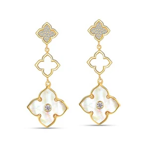 925 Sterling Silver14K Gold-Plated CZ Three Clover Flower Drop Earring for Women - Picture 1 of 7