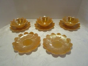VINTAGE FIREKING PEACH LUSTER FLOWER BLOSSOM LOTUS LEAF 3-BOWLS 5-SAUCER 8Pc set - Picture 1 of 13