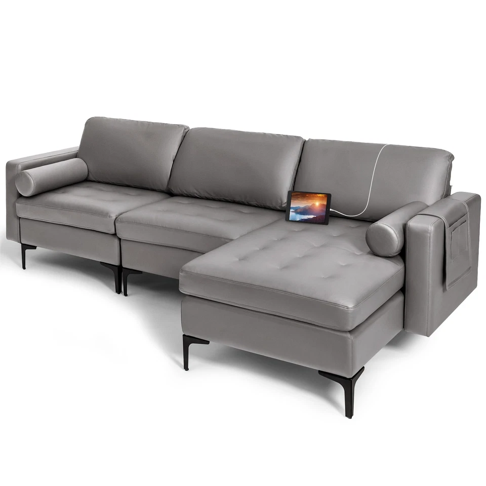 Costway Modular L-shaped Sectional Sofa w/2 USB Ports & Reversible Chaise