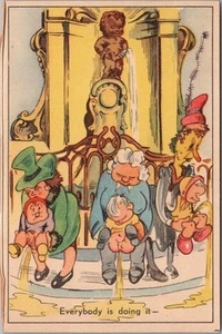 Postal de cómic vintage de Bruselas Bélgica MANNEKEN PIS "Todo el mundo lo está haciendo" - Imagen 1 de 2