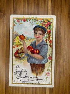 Una alegre postal en relieve de Acción de Gracias niño recogiendo manzanas pavo calabaza granja - Imagen 1 de 2