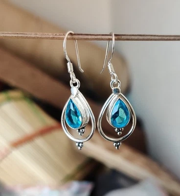 Swiss Blue Topaz Gemstone 925 Sterling Silver Jewelry Earrings Size-1.5" - Image 1 of 4