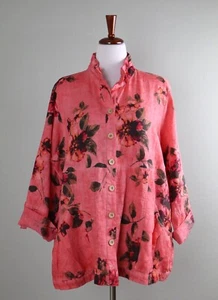 JOHN MARK $149 Ruffle Collar Floral Button Up 100% Linen Jacket Top Size 1X - Picture 1 of 6