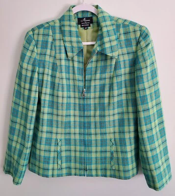 Alanni By Donny Brook Womens 10P Green Plaid Full Zip Linen Blend Jacket Ukraine - Image 1 of 4