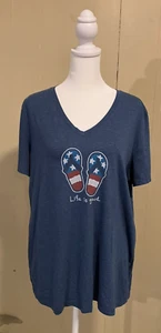 LIFE IS GOOD Women's PATRIOTIC FLIP FLOPS USA NAVY Blue V-NECK Large L EUC - Picture 1 of 5