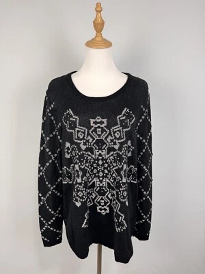 Desigual Black White Fair Isle Heavyweight Long Sleeve Beaded Knit Sweater Sz XL - Image 1 of 4