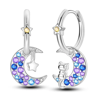 MULA Original Star Moon Cat Hoop Ohrringe AAA CZ Für Frauen Schmuck Versilbert - Bild 1 von 4