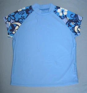 L.L. Bean Blue Floral Hibiscus Rash Guard Short Sleeve Swimsuit Top L 14-16 EUC  - Picture 1 of 9