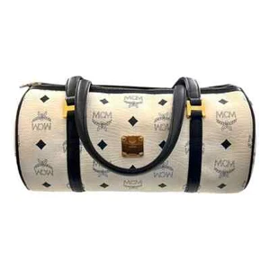 MCM Visetos Monogram Papillon Barrel Bag White with Blue Trim and Handle - Picture 1 of 8