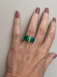 Stunning Genuine Malachite Fancy Shape Inlay 925 Silver 14kt Plated Ring Size 7 - Picture 1 of 4