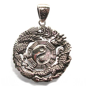 Solid Sterling Silver .925 Dragon & Phoenix Yin Yang Love Pendant P018 - Picture 1 of 6