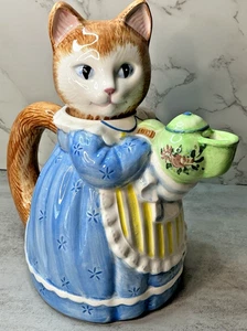 Avon Cat Teapot Ceramic 1992 Vintage 8.75" High 9" Wide Cat in Blue Dress - Picture 1 of 11