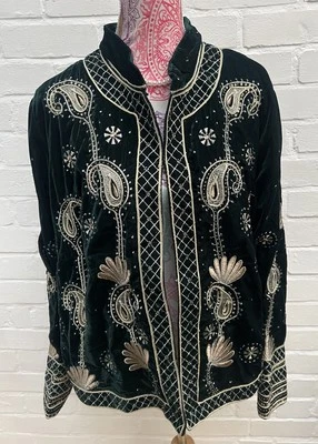 New Monsoon Green Velvet Jacket Gold Embellishment Sequins UK 22 Boho Artisan - Image 1 of 4
