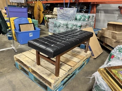 Murphy Miller Mid Century Modern Tufted Vinyl Bench Walnut Legs USA - Image 1 of 4