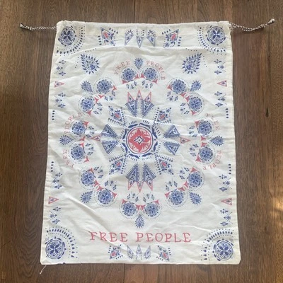 Free People Drawstring Bag Pouch Boho Printed Logo 16x20.5 Cream White Blue Pink - Image 1 of 4