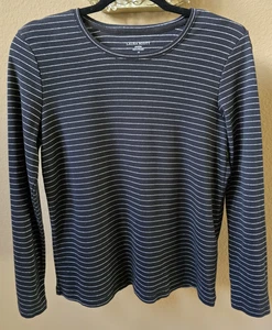 Laura Scott Women's Long Sleeve Black with Silver Stripes Top Size PM,Round Neck - Picture 1 of 10