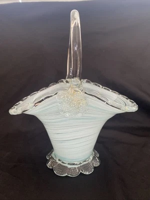 Murano art glass basket with white and blue swirls and aventurine. - image 1 of 3