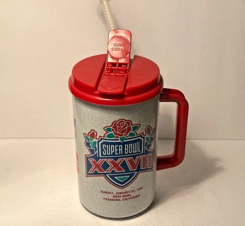 VINTAGE 1993 Super Bowl XXVII plastic Travel Mug 32oz Cup Dallas Cowboys NFL 90s Cover