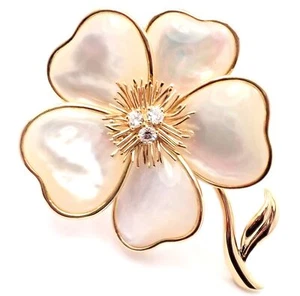 Van Cleef & Arpels Clématite 18k Yellow Gold Diamond Mother of Pearl Pin Brooch - Picture 1 of 9