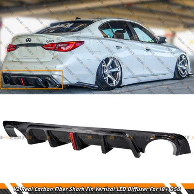 PARA 2018-2024 INFINITI Q50 JDM RS V2 LED DIFUSOR DE PARA-CHOQUE TRASEIRO DE FIBRA DE CARBONO REAL - Imagem 1 de 4