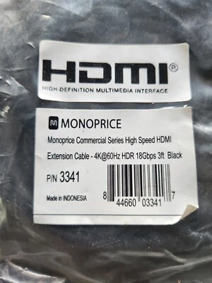 NUEVO Cable Monoprice HDMI Alta Velocidad Negro 4K@60Hz HDR 18Gbps 18 AWG 3 ft PN 3341 Foto 1 de 4