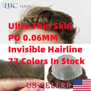 US Ultra Thin Skin Mens Toupee Human Hair System V-looped PU Invisible Hairpiece - Picture 1 of 76