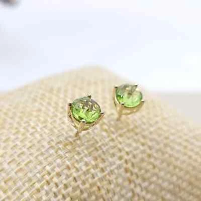 14k Solid Gold Stud Earring with 6mm Round Shape Faceted Natural Peridot - Image 1 of 4