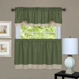Shabby Farmhouse Flax Linen Kitchen Curtain Tier & Valance Set - Assorted Colors - Picture 1 of 14