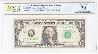 1985 $1 FRN Atlanta Fr.1913-F PCGS 30 Fancy Serial F12345676C Near Solid - Image 1 of 2