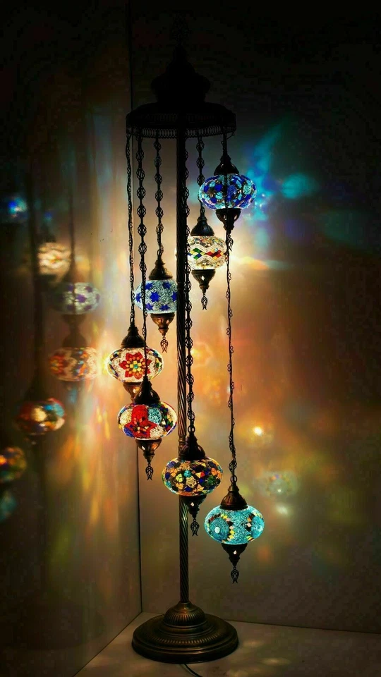 Mosaico de vidrio turco marroquí multicolor Tiffany lámpara de pie luz 7 globos grandes Foto 1 de 1