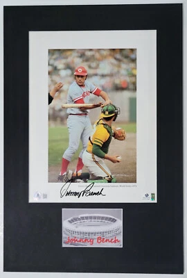 JOHNNY BENCH Signed World Series Photo Matted Display w/Custom Nameplate BAS GA - Image 1 of 4