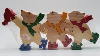 Vintage Wooden Ice Skating Dancing Bears Jigsaw Puzzle Hand Painted NOS - Image 1 of 4