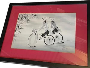 Original signed Vietnamese Ink and water colour painting cyclists bicycles stick - Picture 1 of 10