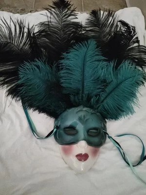 CLAY ART of San Francisco Ceramic Wall Masquerade Mask - Teal & Black Feathers  - Image 1 of 4