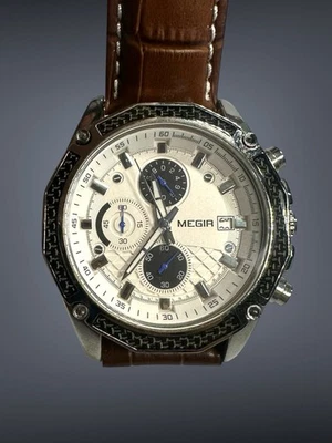 Reloj MEGIR Cronógrafo Cuarzo Esfera Blanca Acero Inoxidable Correa Cuero 43mm Foto 1 de 4