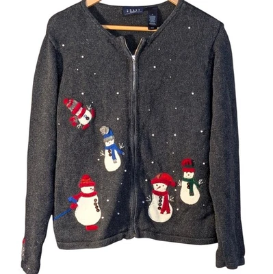 Cárdigan de vacaciones Crazy Horse de Liz Claiborne vintage para mujer M gris muñeco de nieve... Foto 1 de 4