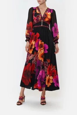 Camilla Dress Size Medium M Button With Shaped Waistband Midnight Poppy Maxi - Image 1 of 4