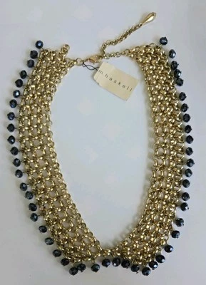 M. Haskell Gold Tone Mesh Bib Necklace with Black Faceted Beads Statement Collar - Image 1 of 4